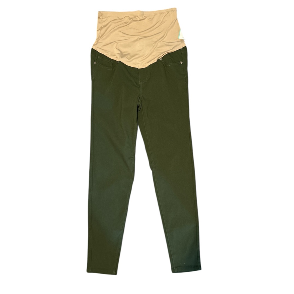 Green Full Panel Maternity Pants with Tan Waistband